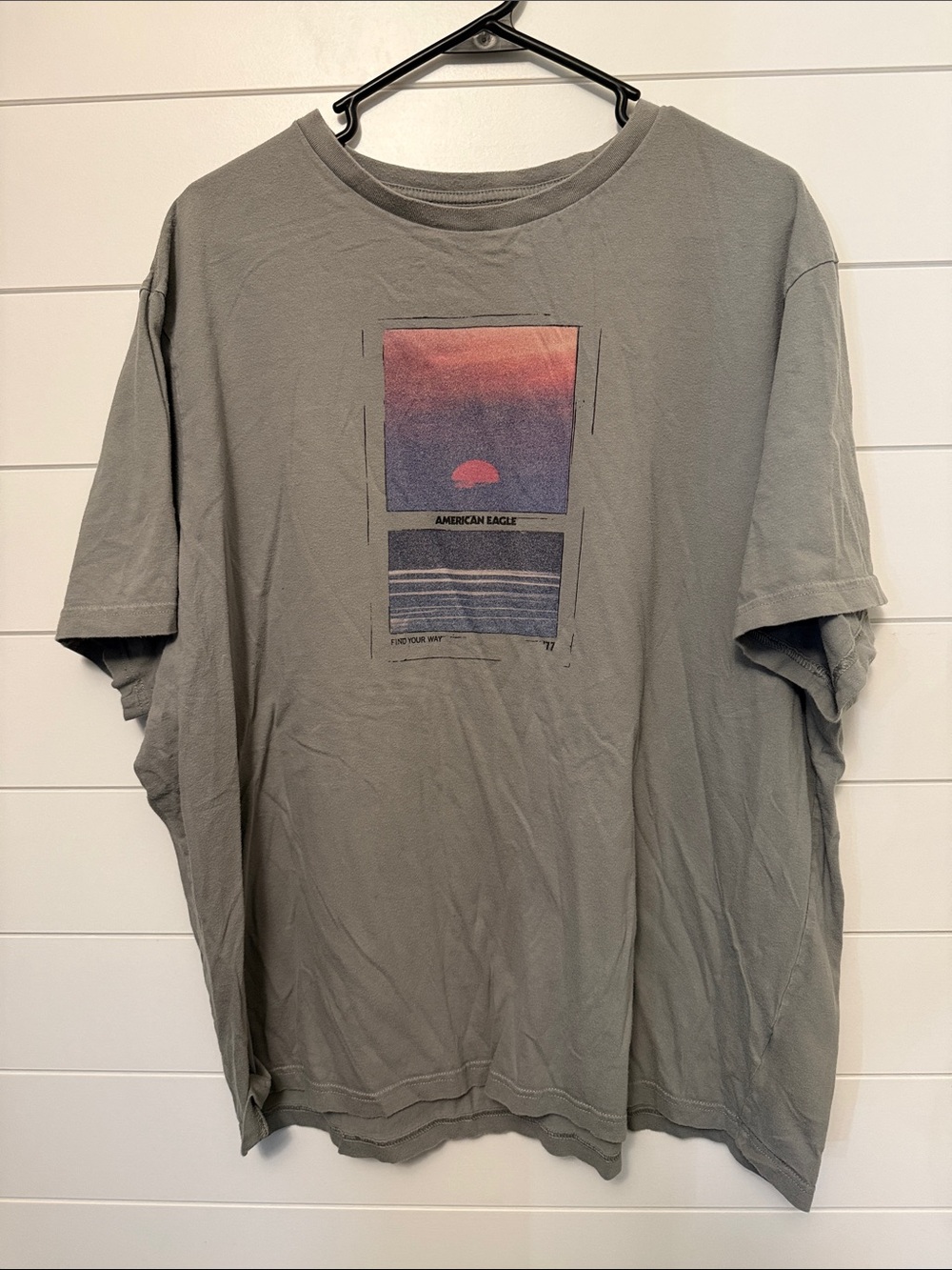 American Eagle Outfitters Sage Green Short-Sleeve Tee with Sunset Graphic